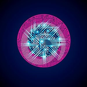 Futuristic cybernetic scheme, vector motherboard blue and magenta illustration with neon lights. Circular gleam element with