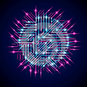 Futuristic cybernetic scheme, vector motherboard blue and magenta illustration with neon lights. Circular gleam element with