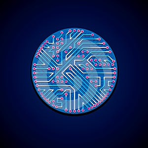 Futuristic cybernetic scheme, vector motherboard blue and magenta illustration with neon lights. Circular gleam element with