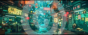 Futuristic cyberpunk alleyway with vibrant neon signage, detailed urban textures, and a moody, atmospheric tone in a high-tech