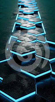 Futuristic Cyberpunk Blue Hexagon Glowing Pattern. Dark Wet Digital Technology Background.