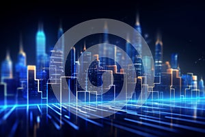Futuristic cyberpunk digital smart city blue neon lights skyscrapers urban architecture building wireless network tech