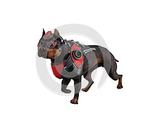 Futuristic cyberpunk dog with red armoured suit and cybernetic eye. 3D rendering isolated on white background