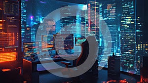 Futuristic cyberpunk office with multiple coding screens