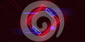 Futuristic cyberpunk style rhombus with glitch effect. Rhombus with red cyberpunk elements and blue hud neon hologram