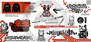 Futuristic cyberpunk t-shirt, merch, streetwear design. Cyber Maneki-neko photo