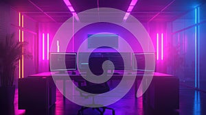 Futuristic cyberpunk workstation with multiple monitors displaying code