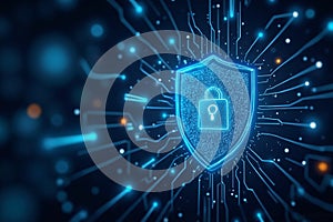 Futuristic Cybersecurity Concept with Digital Shield, Encrypted Data Streams, and Network Protection Visualization