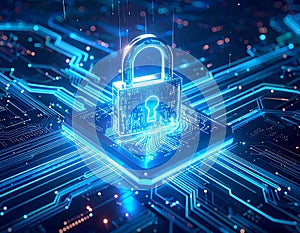 Cybersecurity Data Protection Concept with Futuristic Digital Lock on Microchip Technology AI Security and Network Encryption