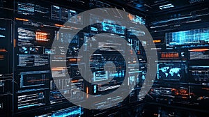 Cybersecurity data visualization dashboard interface with code analysis and global network monitoring view