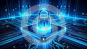 Futuristic Cybersecurity Data Protection Concept with Digital Lock on Microchip AI Encryption Secure