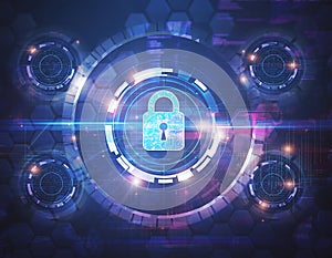 Futuristic Cybersecurity Digital Lock Interface with AI Data Protection and Secure Network Technology Concept Background