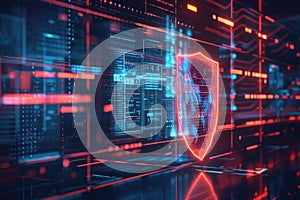 Futuristic cybersecurity interface with digital shield and data networks AI