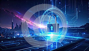 Futuristic Cybersecurity Lock: Neon Digital Gate for Secure Access and Data Protection