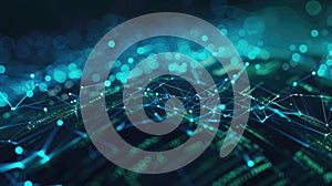 Futuristic cybersecurity network with blue and green digital nodes. Cybersecurity map