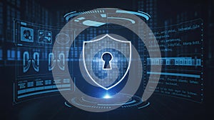 Futuristic Cybersecurity Shield Interface for Data Protection and Network Safety