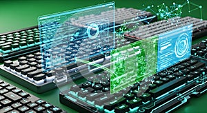 Futuristic Cybersecurity Technology with Holographic Data and Digital Interfaces on Computer Keyboards