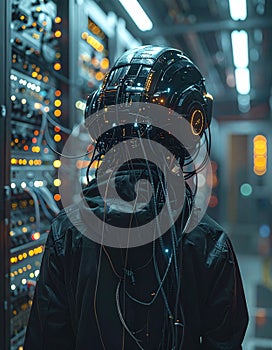 Futuristic Cyborg Connected to a Server Network