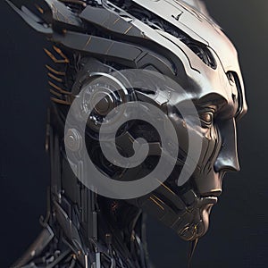 Futuristic cyborg head side view. 3D rendering