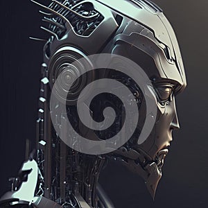 Futuristic cyborg head side view. 3D rendering.