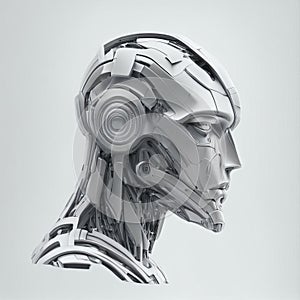 Futuristic cyborg head side view. 3D rendering.