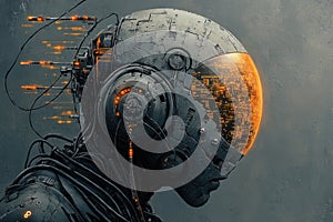 Futuristic cyborg with high-tech digital interface and orange circuitry photo