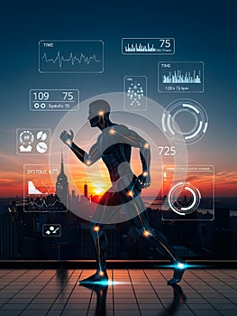 Futuristic cyborg man interacting with holographic data interfaces over a sunset cityscape