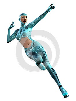 Futuristic cyborg Warrior in space, young woman in a blue uniform, 3d illustration