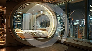 A futuristic cylindrical capsule with large windows offering a unique and immersive experience of sleeping under the