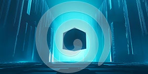 A futuristic 3D background featuring a levitating digital cube surrounded by floating data streams