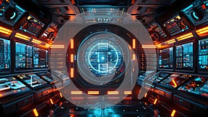 Futuristic D Circuit Background Featuring Data Center Server and Tech Display Screens. Concept