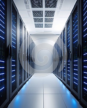 Futuristic 3D Concept: Big Data Center Chief Technology Officer Using Laptop Standing In Warehouse, Information