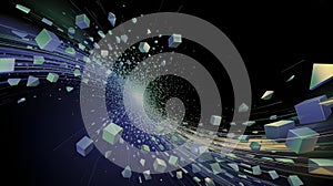 Futuristic 3D cubes exploding in space with dynamic motion lines