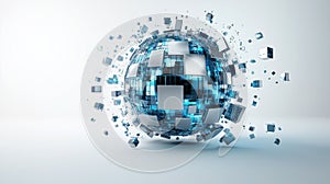 Digital Sphere with Exploding Blue Cubes
