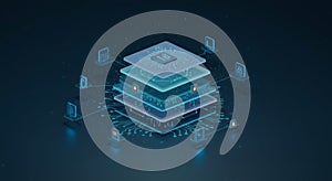 Abstract Digital Technology Layers with CPU and Data Icons