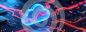 3D Neon Cloud Computing Icon with Data Graph on Circuit Board
