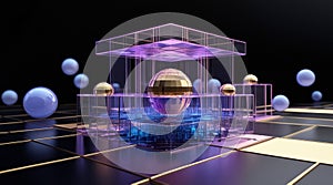 Futuristic 3D Render of Abstract Digital Data Cube Structure with Golden Sphere