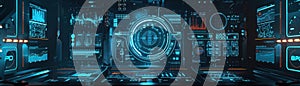 Futuristic 3D render of data visualization tools integrated into a cyberpunk mainframe
