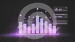 Futuristic 3d render of a glowing bar graph with data indicators on a dark background