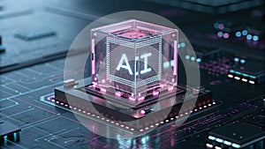 Sleek Futuristic 3D Render of an AI Cube and Circuitry