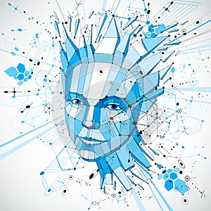 Futuristic 3d vector background made using Bauhaus elements. Head of woman exploding with thoughts created in low poly style, can