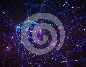 Futuristic 3D visualization of big data network with glowing nodes and neural connections