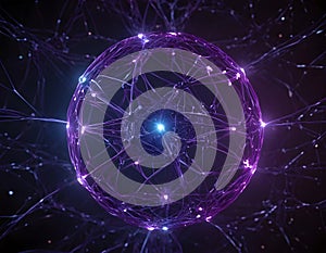 Futuristic 3D visualization of big data network with glowing nodes and neural connections