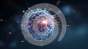 Futuristic 3D visualization of a glowing virus cell with a burst of energy, a microscopic science concept