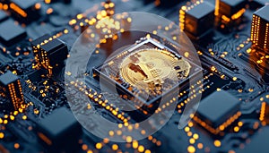 Futuristic 3D Visualization of Web3 NFTs and Blockchain Technology with Bitcoin Symbol on Microchip photo