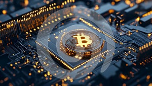 Futuristic 3D Visualization of Web3 NFTs and Blockchain Technology with Bitcoin Symbol on Microchip photo