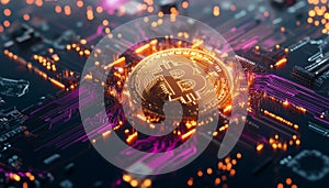 Futuristic 3D Visualization of Web3 NFTs and Blockchain Technology with Bitcoin Symbol on Microchip photo