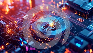 Futuristic 3D Visualization of Web3 NFTs and Blockchain Technology with Bitcoin Symbol on Microchip photo