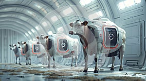 Futuristic Dairy Farm With Cyborg Cows in a High-Tech Facility