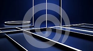 Futuristic Dark Blue Stage with Neon Light Lines and Podium